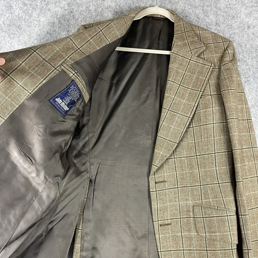 Vintage Hardy Amies Blazer Sport Coat Mens 40R Tan Plaid Wide Lapel Academia